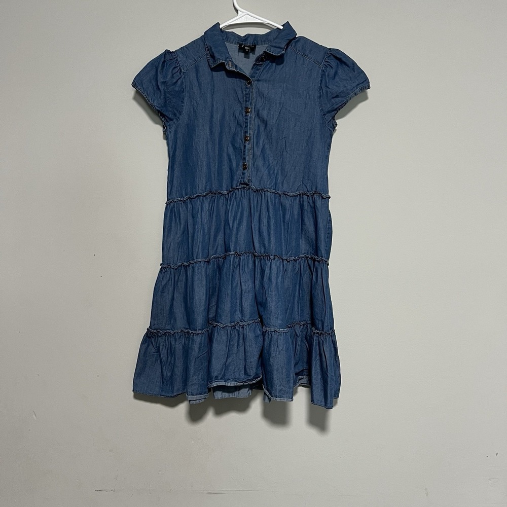Lilt Girls Size 12 Tiered Button Front Collard Short Cap Sleeves Chambray Dress